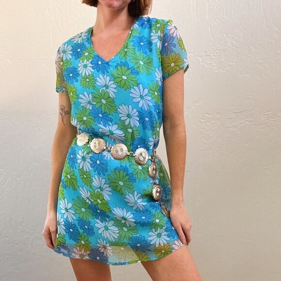 Vintage Blue Daisy Floral Print Short Sleeve Mini Mod Dress - Picture 1 of 6
